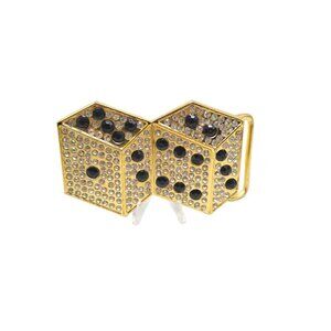 Black Rhinestone Stone Casino Pair of Dice Bling Belt Buckle Gold Tone Vintage